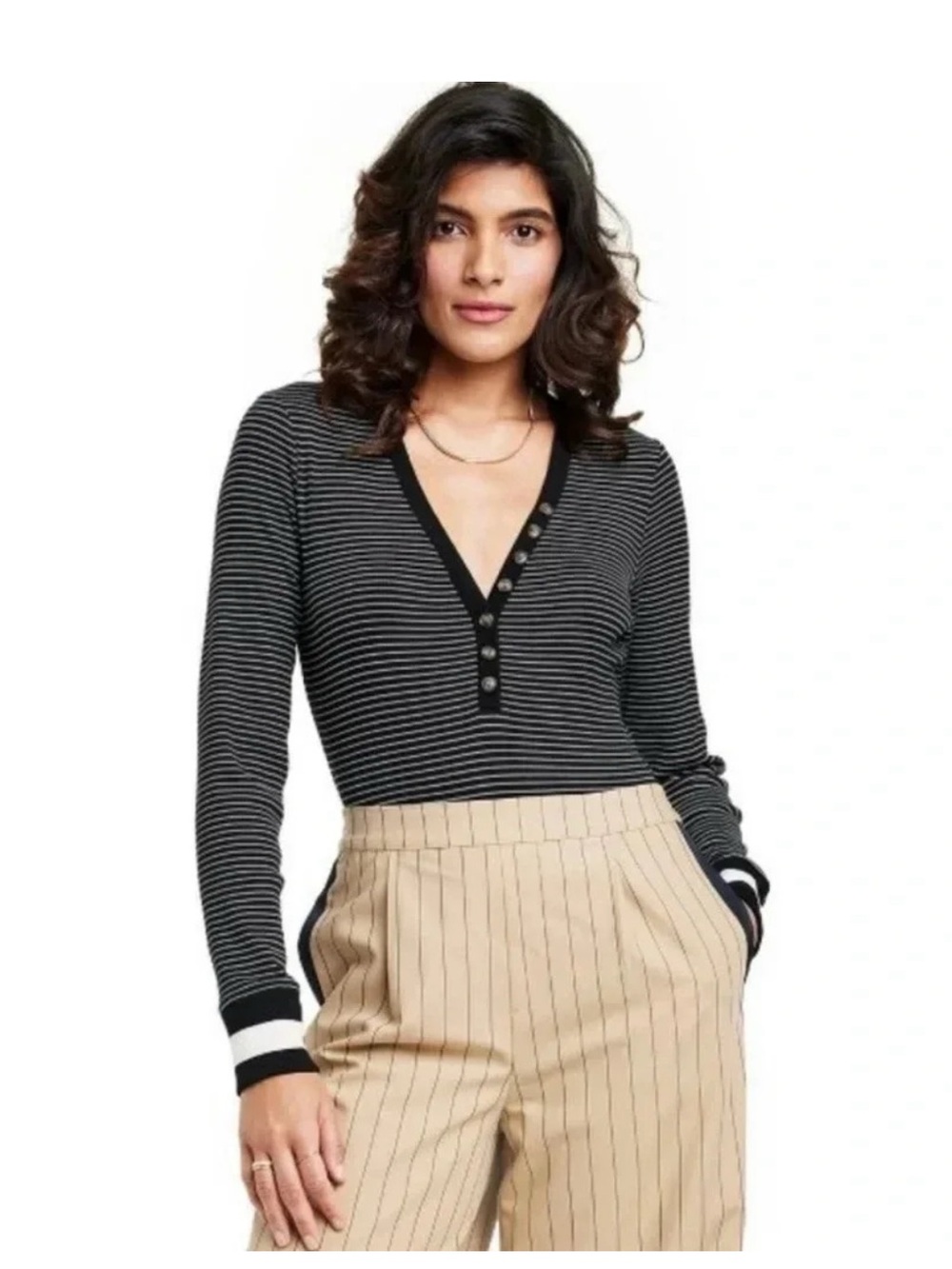 La Ligne Black and Cream Striped Henley